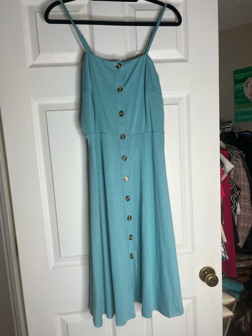 Spaghetti-Strap Aqua Button-Front Midi Dress